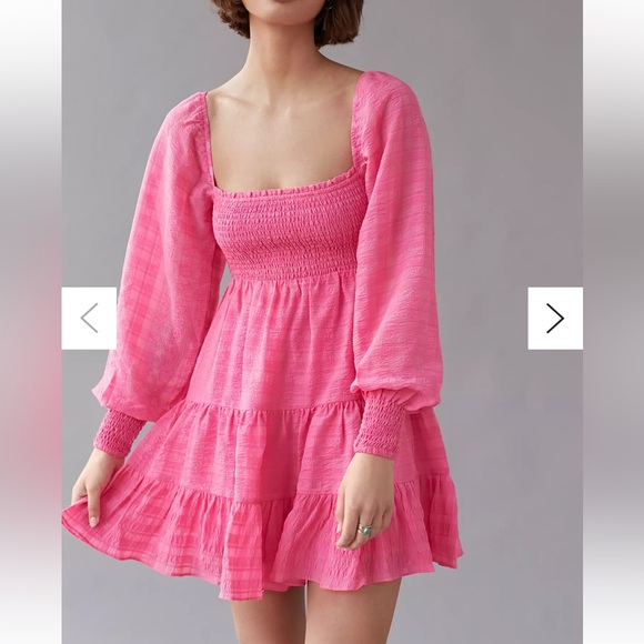 UO River Smock Long Sleeve Hot Pink Ruffle Plaid Mini Dress - OBO - Picture 9 of 9